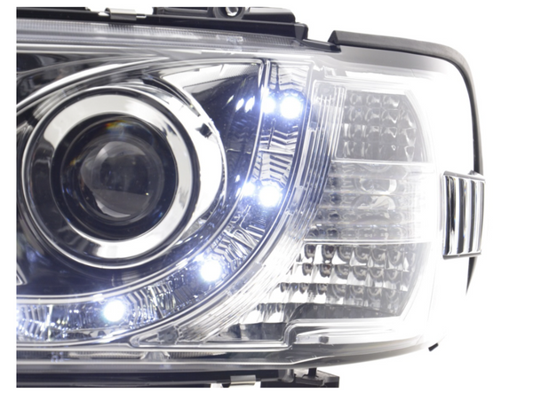 FK Set LED DRL Devil Eye Lightbar Headlights VW Transporter T4 96-03 Chrome RHD