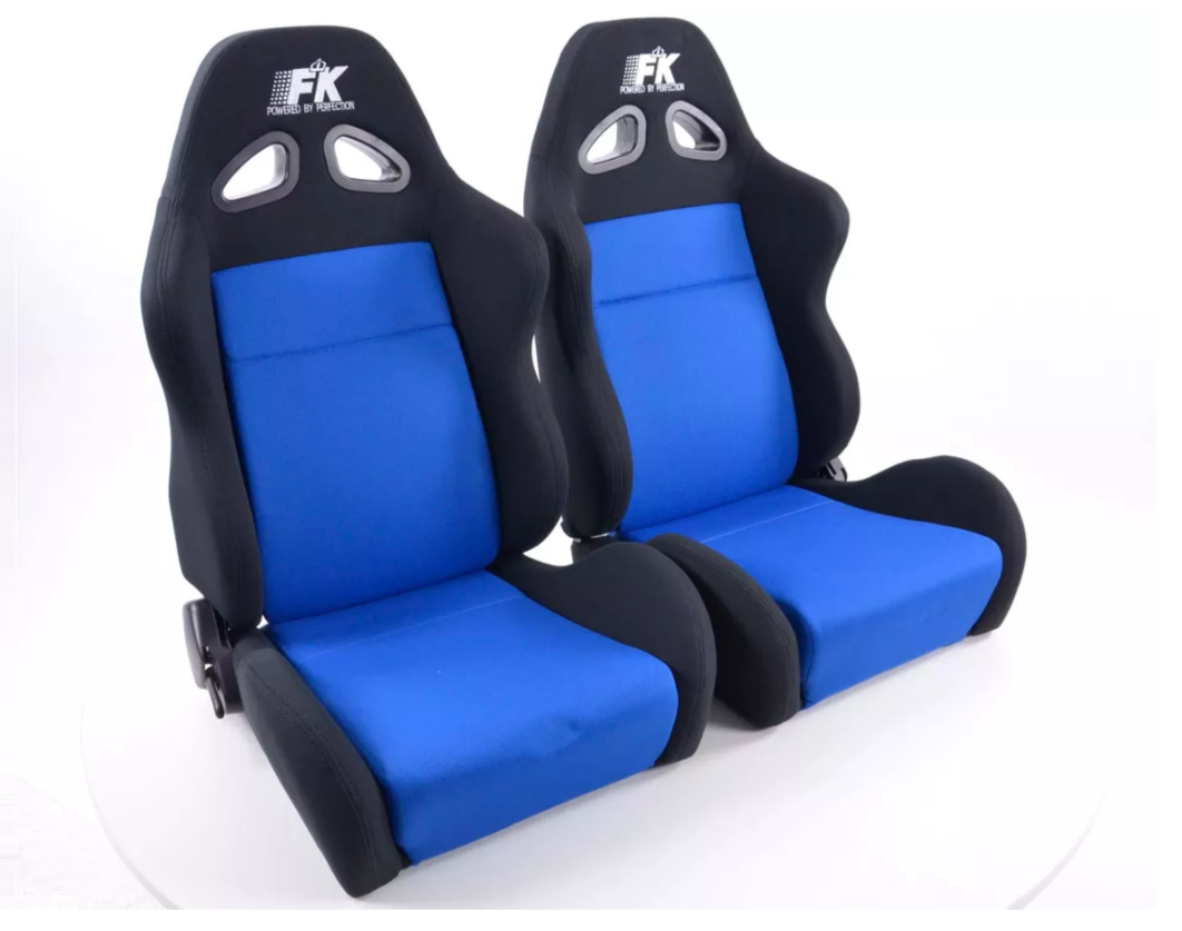 FK Pair Universal Reclining Bucket Sports Seats Black BLUE Textile Motorsport