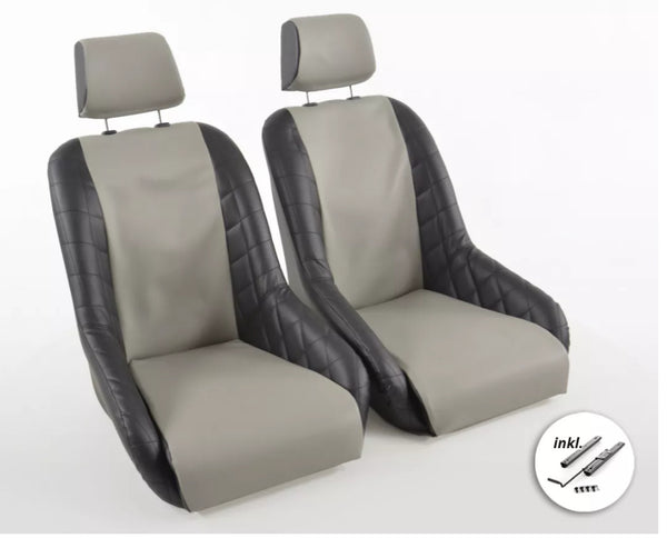 FK Pair Black & Grey Classic Car Retro Kit Speedster Sports Full Bucket Seats