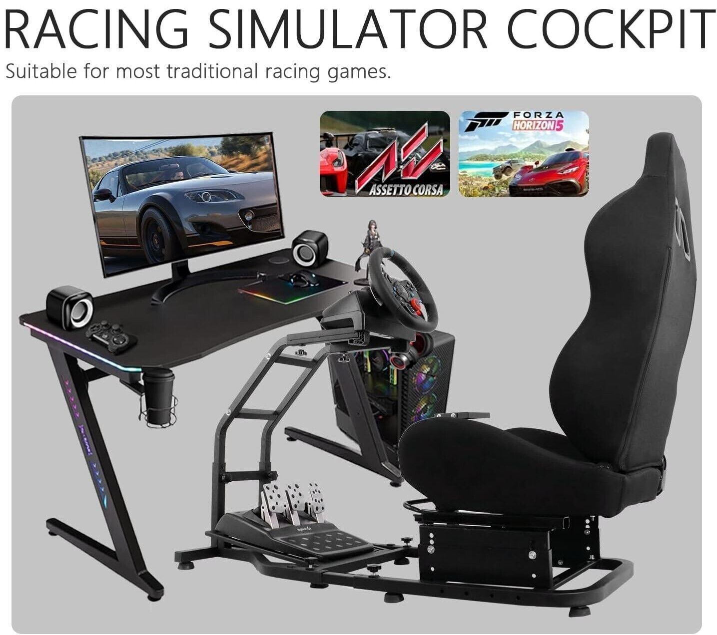 Driving Game Sim Racing Frame & Seat Rig Add Wheel Pedals Xbox PS PC C ...