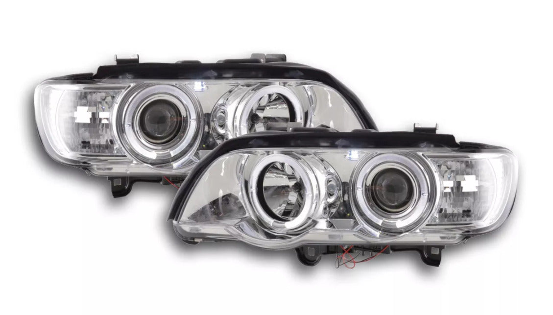 FK LED DRL Angel Eye Halo Servo Motor Headlights BMW X5 E53 98-02 chrome LHD