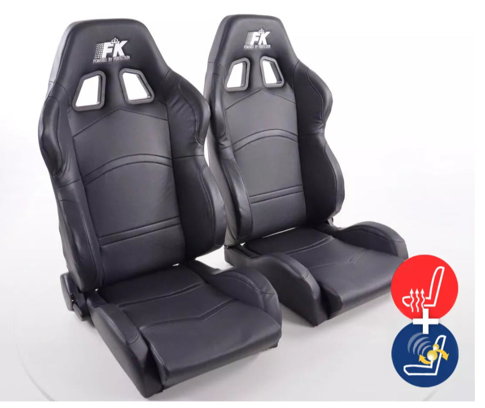 FK Pair Universal Reclining Bucket Sports Seats - Black Heated & Massage Luxury