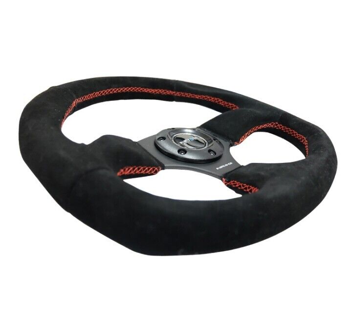 NRG Innovations STEERING WHEEL Flat Bottom Black Alcantara 320MM Red Stitch