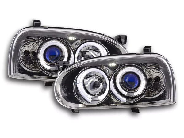 FK LED DRL Halo Ring Projector headlights VW Golf 3 MK3 1HXO EXO 91-97 LHD BLACK