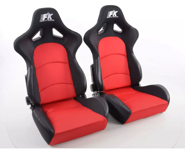 FK Pair Universal Fixed Back Bucket Sports Seats BLACK RED Fabric Wing Edition