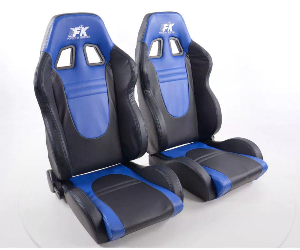 FK Pair Universal Recline Bucket Sports Seats - BLUE & Black Synth Leath Edition