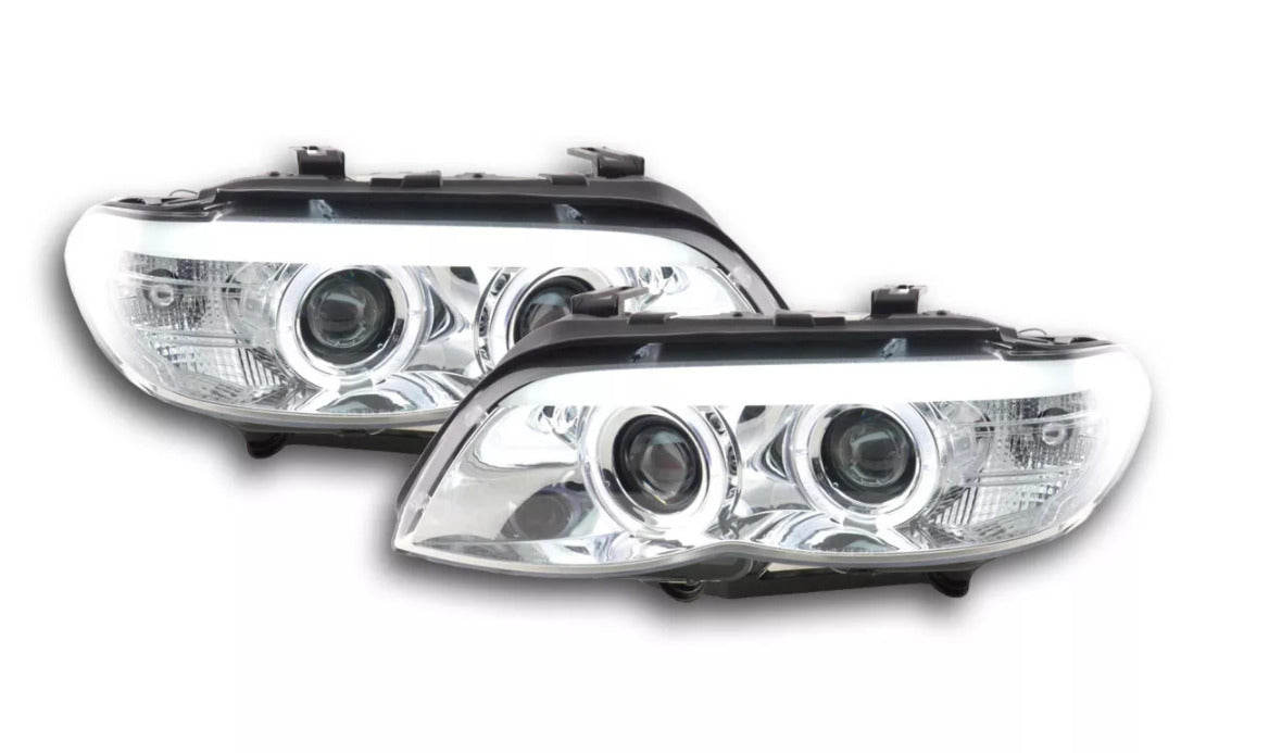 FK Pair LED DRL Projector Halo XENON CCFL Headlights BMW X5 E53 03-06 chrome LHD