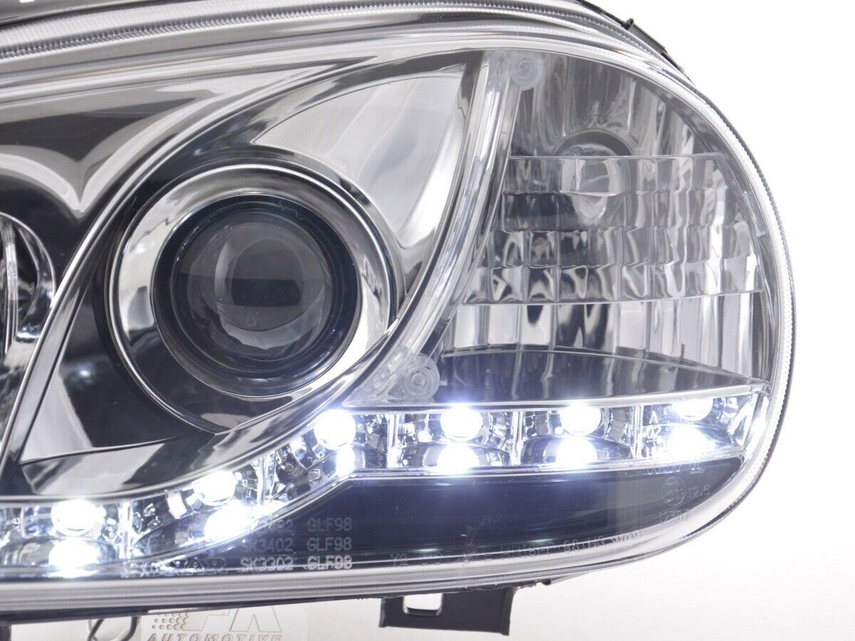 FK LED DRL Halo Lightbar Deluxe Headlights Golf 4 MK4 1J 98-03 Chrome RHD