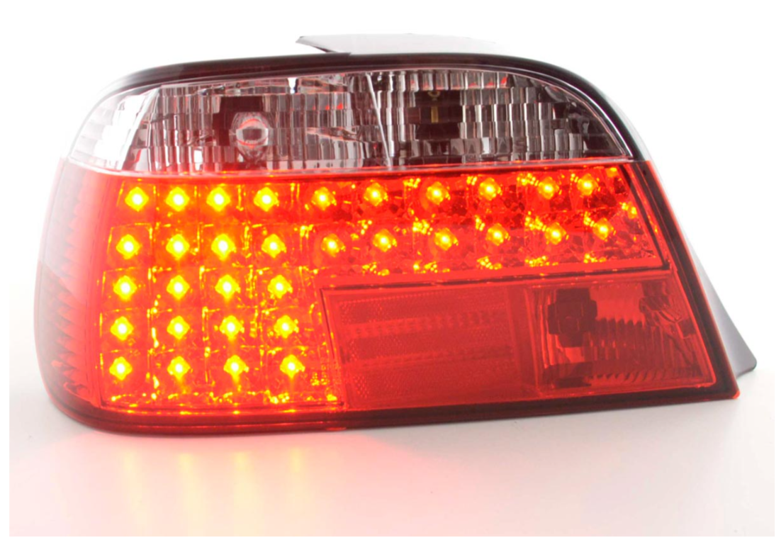 FK Paar LED-Lichtleisten-Rückleuchten, BMW 7er-Serie E38 95–02, rot, klar, inkl. Kabelbäumen