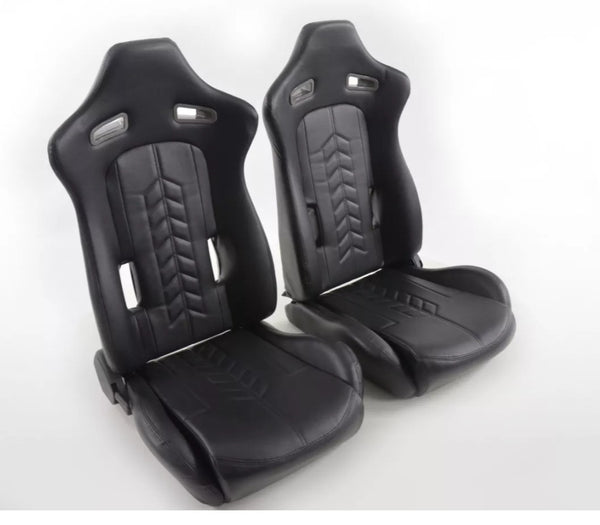 FK Universal Reclining Bucket Sports Seats Black Syn Leath 4-Point Harness Holes