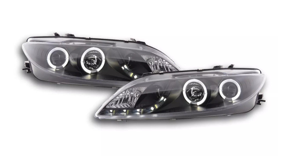 FK LED DRL Halo Ring Eye Lightbar Headlights Mazda 6 Saloon Limo 02-07 black LHD