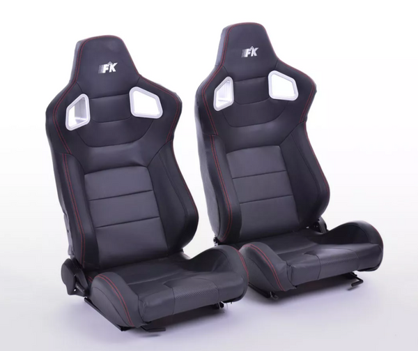 FK Pair of Universal Reclining Tilting Sports Bucket Seats - RS Carbon Fibre Black with Red Stitch