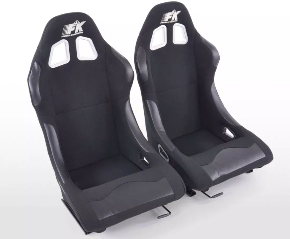 FK Pair Universal Fixed Back Bucket Sports Seats BLUE & Black inc Slide Runners