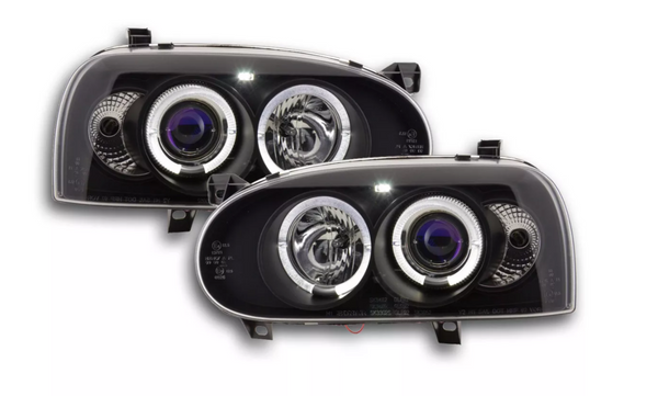 FK LED DRL Angel Eye Projector headlights VW Golf 3 MK3 1HXO EXO 91-97 LHD BLACK