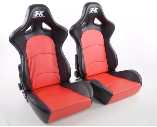 FK Pair Universal Fixed Back Bucket Sports Seats BLACK & RED Wing Edition