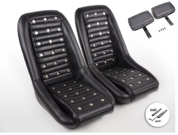 Black Studded Classic Car Retro Kit Speedster Sports Bucket Seats inc Headrests