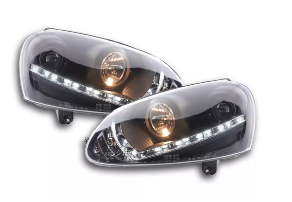 FK LED Halo Lightbar DRL Headlights VW Golf 5 MK5 1K Black Servo 03-08 GTi LHD