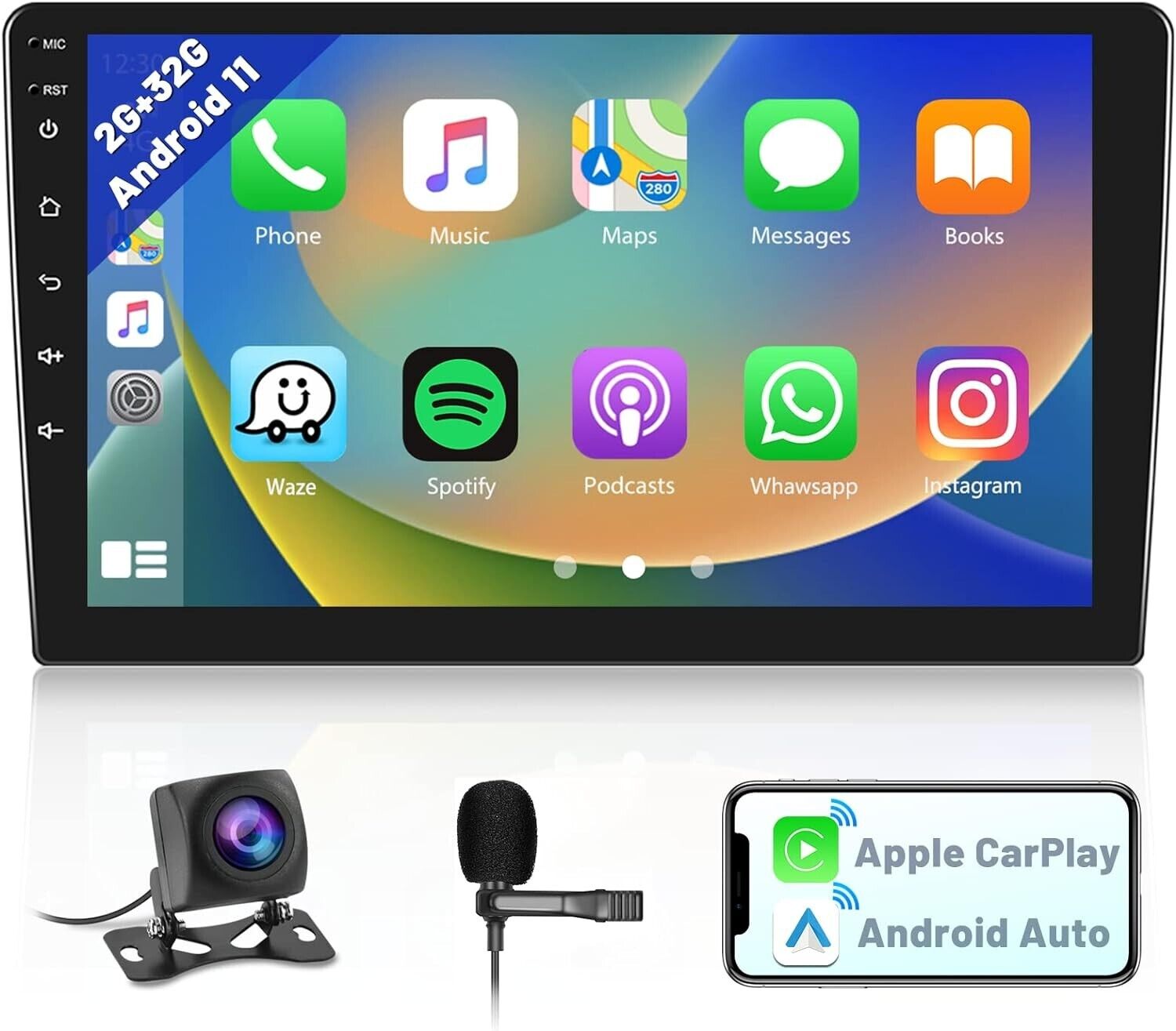 10.1" Touchscreen Android 11 2GB + 32GB Carplay / Android 11 auto Car Stereo Head unit Radio GPS WiFi MP5 Double 2Din + Reverse Camera