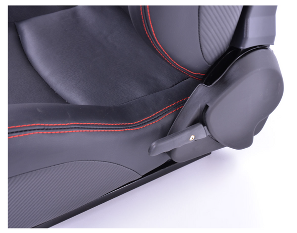 FK Pair of Universal Reclining Tilting Sports Bucket Seats - RS Carbon Fibre Black with Red Stitch