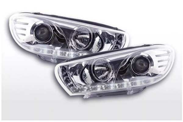 FK Pair LED DRL Lightbar Deluxe Headlights VW Scirocco 3 Mk3 13 08-14 chrome LHD