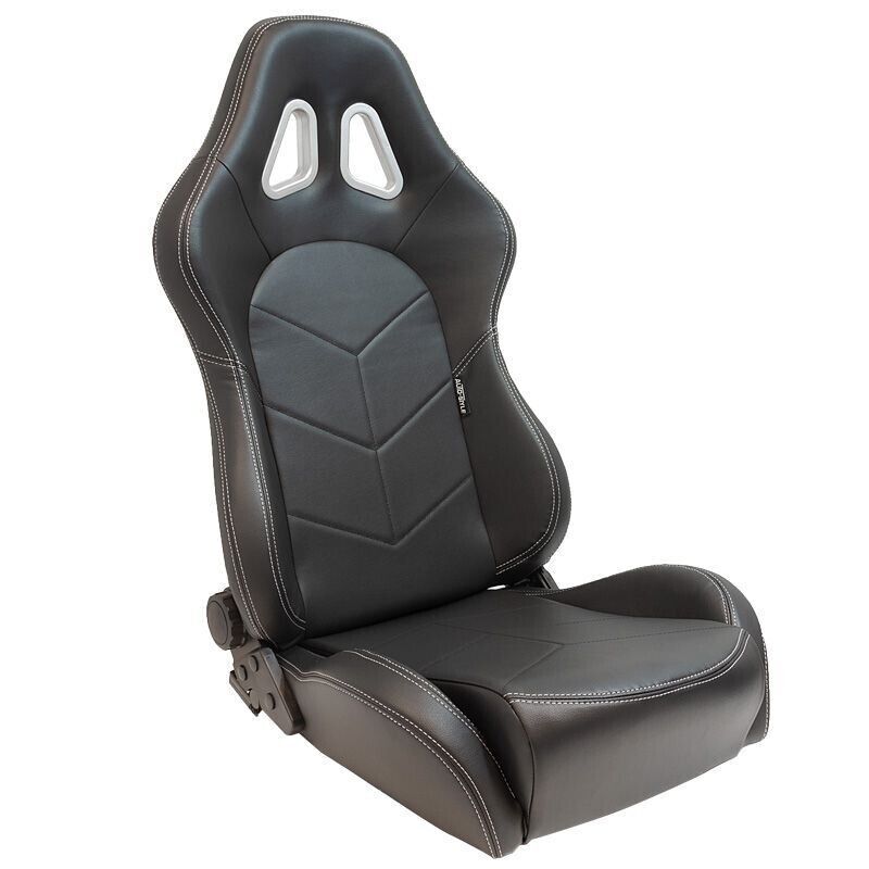 AUTOSTYLE x1 Universal Single Sports Race Bucket Seat Black Synthetic Leather with Silver Stitch + slide runners