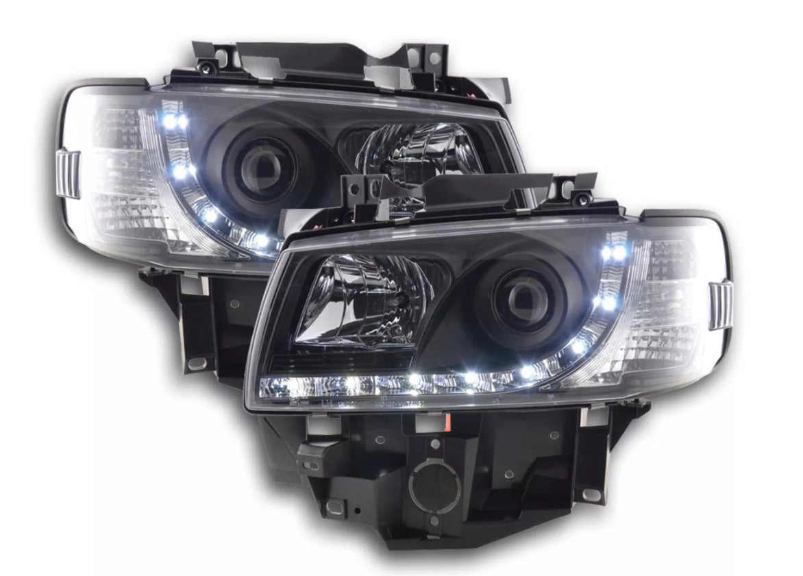 FK Set LED DRL Halo Eye Lightbar Headlights VW Transporter T4 96-03 Black RHD