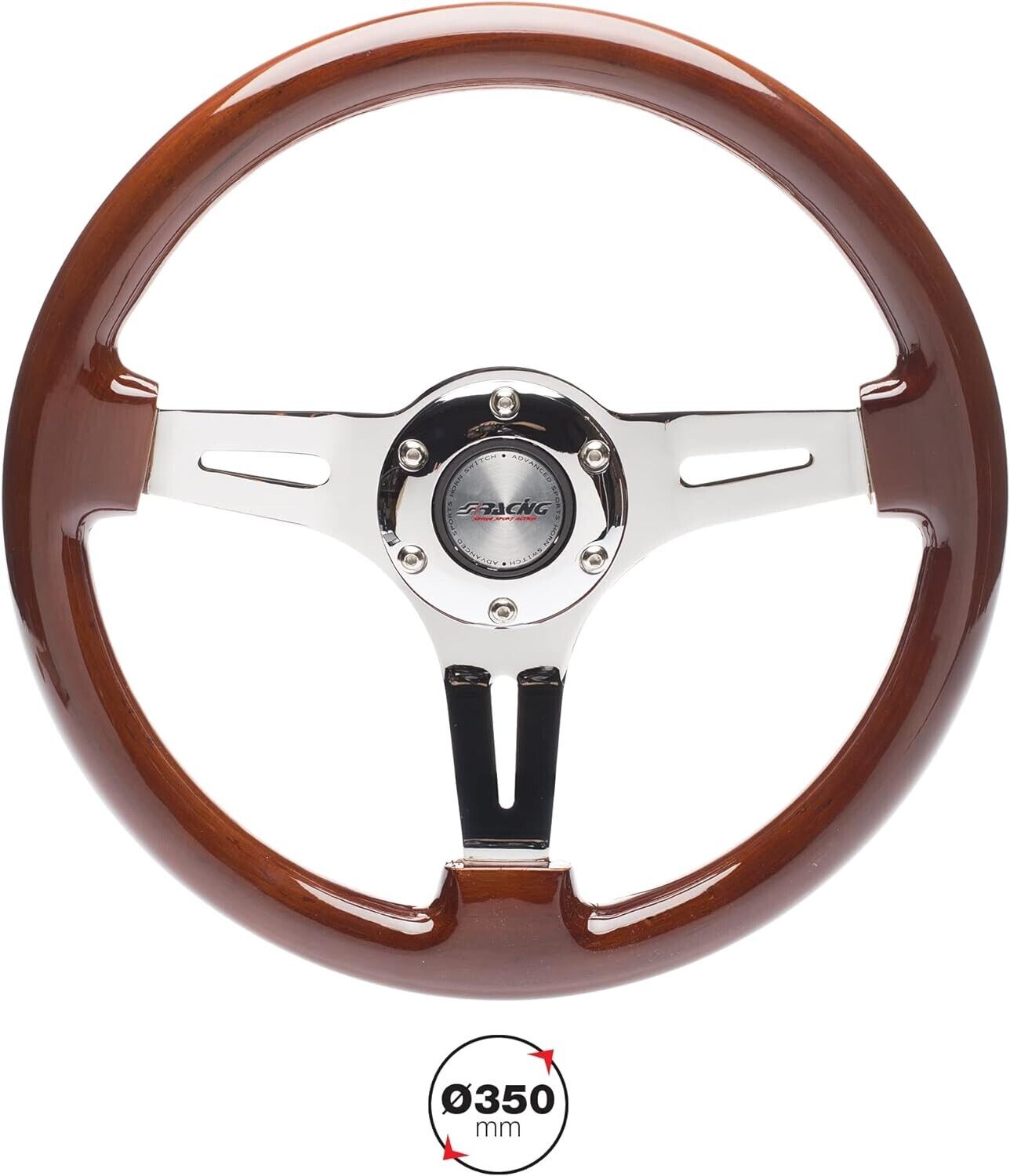 Simoni Racing 350mm Wooden Real Wood Brown Steering WHEEL Chrome Classic Kit Car Universal