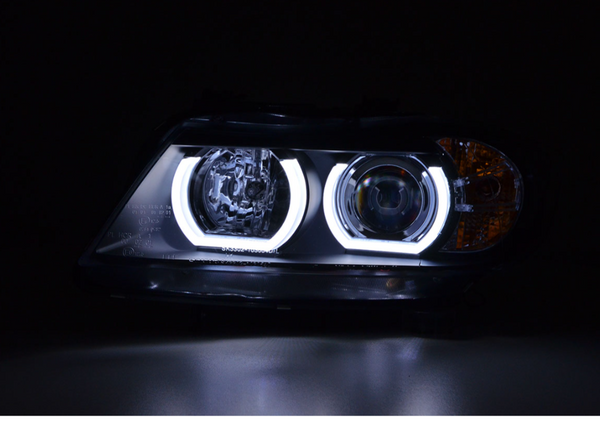 FK Pair LED DRL 3D Halo Lightbar headlights BMW 3-series E90 E91 05-08 black LHD