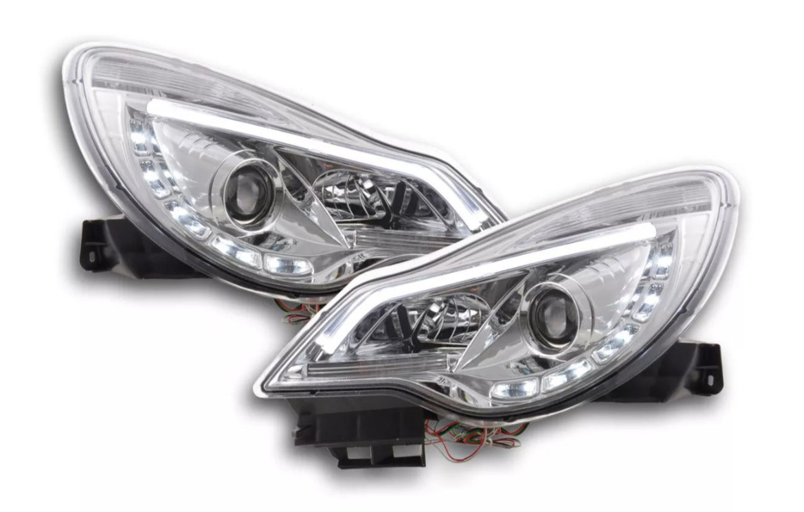 FK Pair LED DRL Lightbar Halo Headlights Opel Vauxhall Corsa D 11+ Chrome LHD