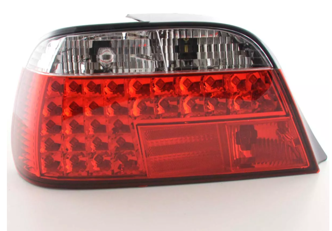 FK Paar LED-Lichtleisten-Rückleuchten, BMW 7er-Serie E38 95–02, rot, klar, inkl. Kabelbäumen