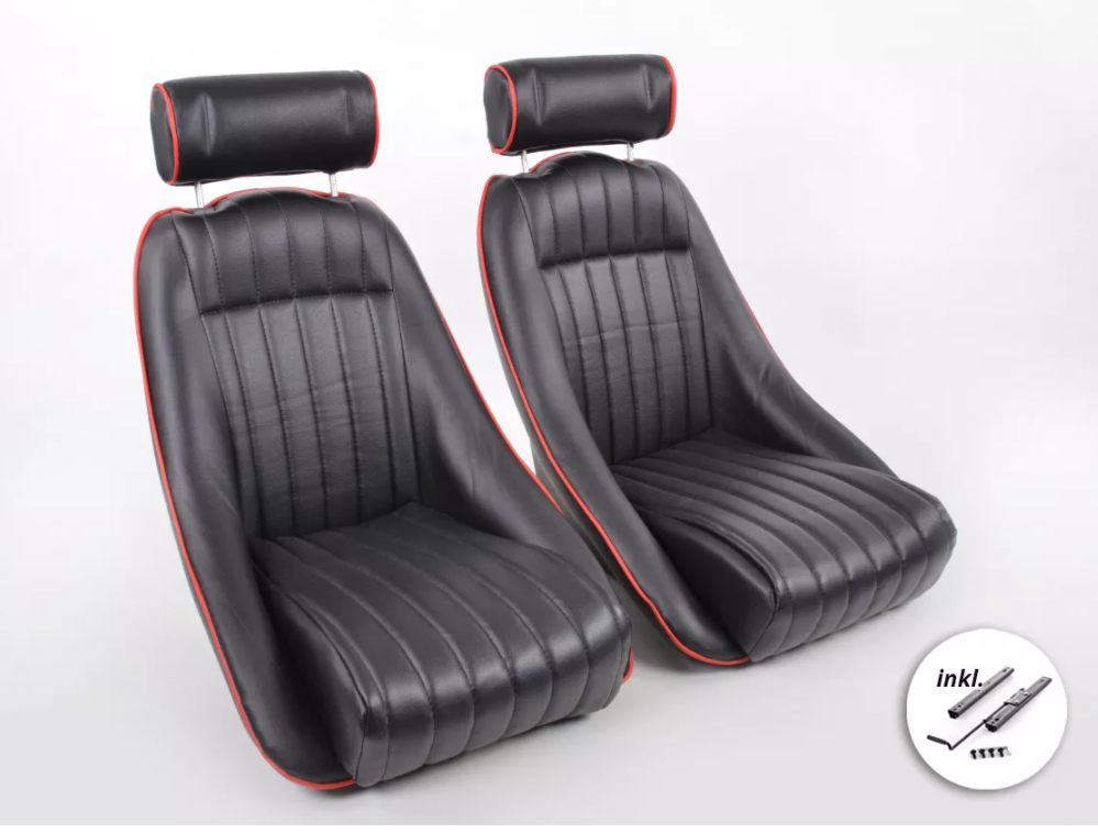 FK x2 Black with Red Piping Classic Car Retro Kit Speedster Sports Car Fixed Back Bucket Seat & slides