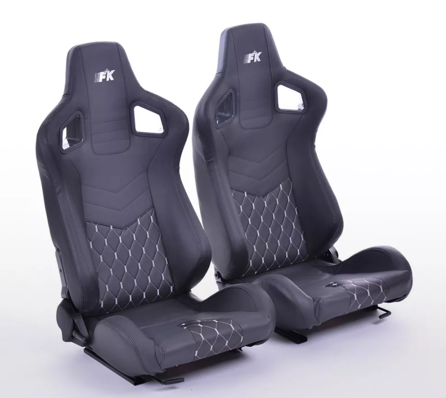 FK Pair of Universal Premium Sports Bucket Seats Black with Silver Diamond Stitching with universal slide runners