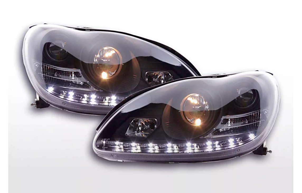 FK LED DRL Lightbar Halo Headlights Mercedes S-Class W220 220 98-05 Black LHD