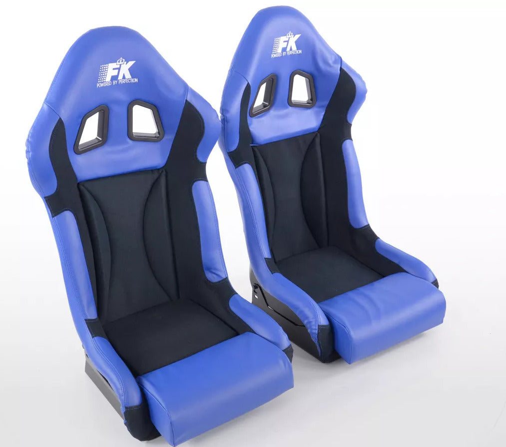FK Pair BLUE BLACK Universal Full Bucket Sports Seats - Deluxe FG Glossy Back