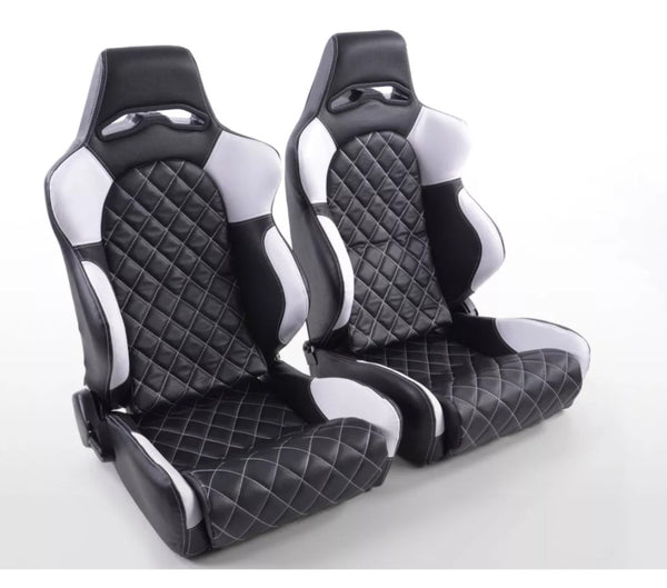 FK Universal Reclining Bucket Seats - Diamond Stitch Quilted Black White Edition