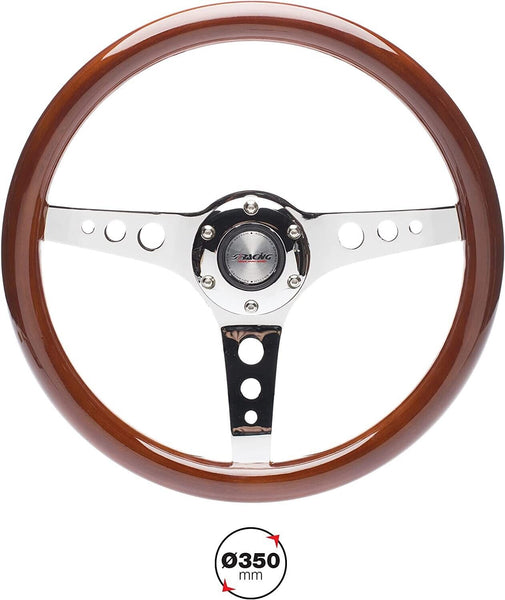 Simoni Racing 350mm Wooden Real Wood Brown Steering WHEEL Chrome Classic Kit