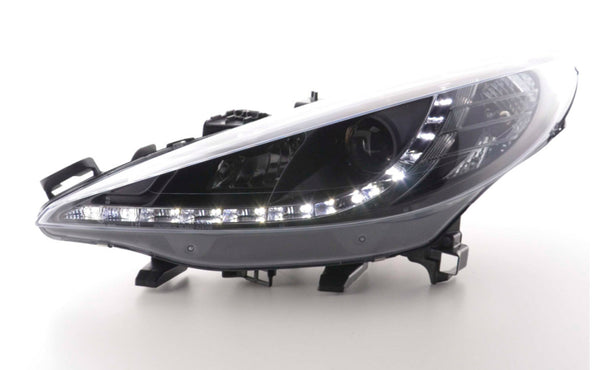 FK LED DRL Lightbar Halo Projector Headlights Peugeot 207 06+ Black + Servo LHD