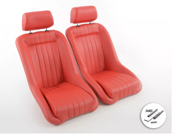 FK Pair Red Classic Headrest Car Retro Kit Fixed Back Bucket Seats + slides