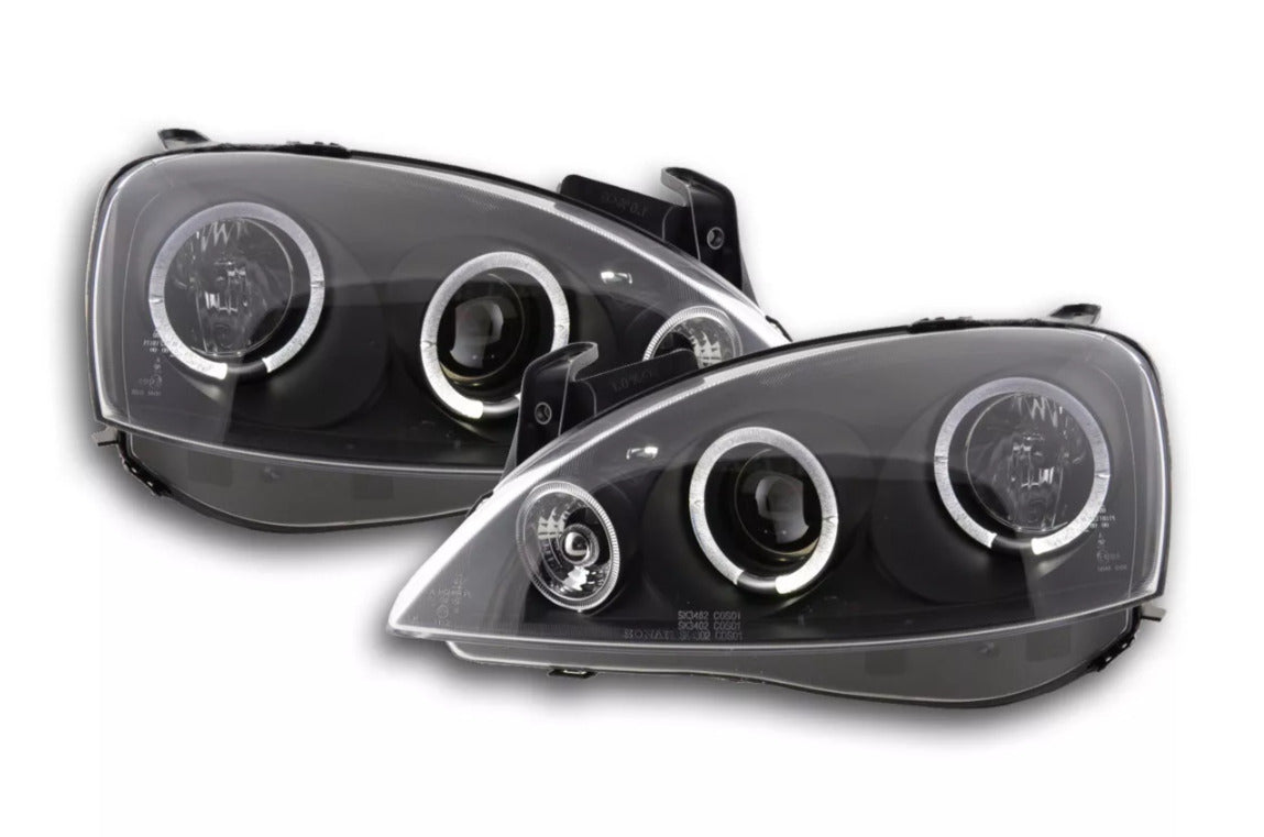 FK Pair LED DRL Angel Eye Projector headlights Opel Corsa C 01-06 Black LHD