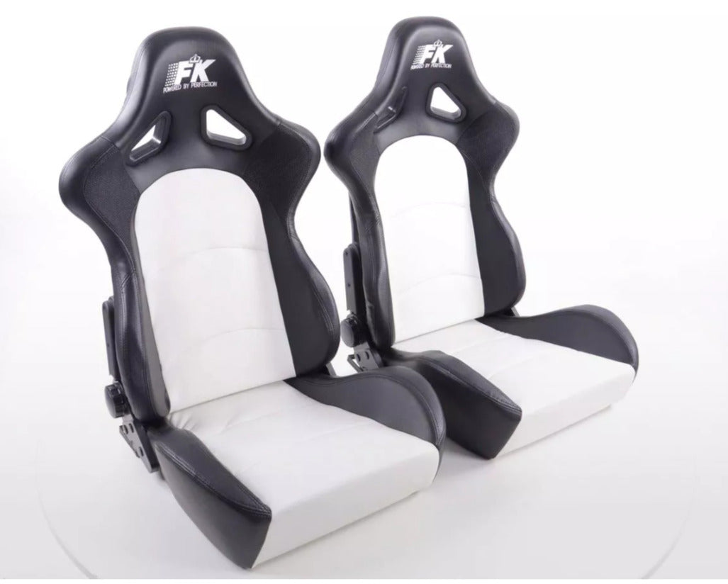 FK Pair Universal Fixed Back Bucket Sports Seats BLACK & WHITE Wing Edition