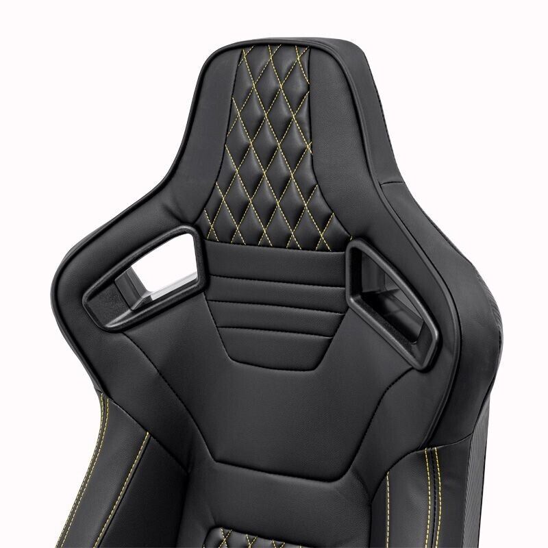 Auto-Style AK x1 Univ Reclining Sports Bucket Seat Black & Yellow Diamond Stitch Quilted Carbon Fibre Style + slide runners