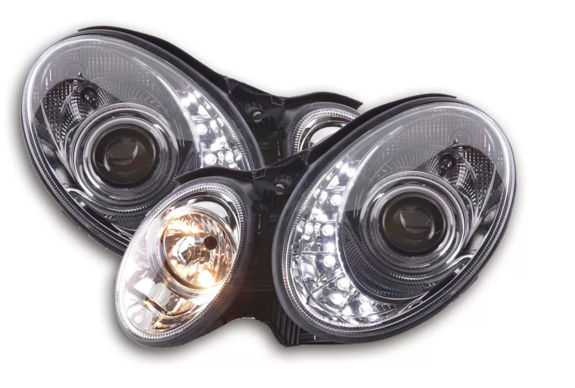 FK LED Headlights LED DRL Lightbar Mercedes E-Class W211 02-06 chrome LHD