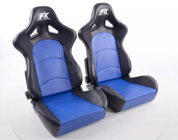 FK Pair Universal Fixed Back Bucket Sports Seats BLACK & BLUE Wing Edition