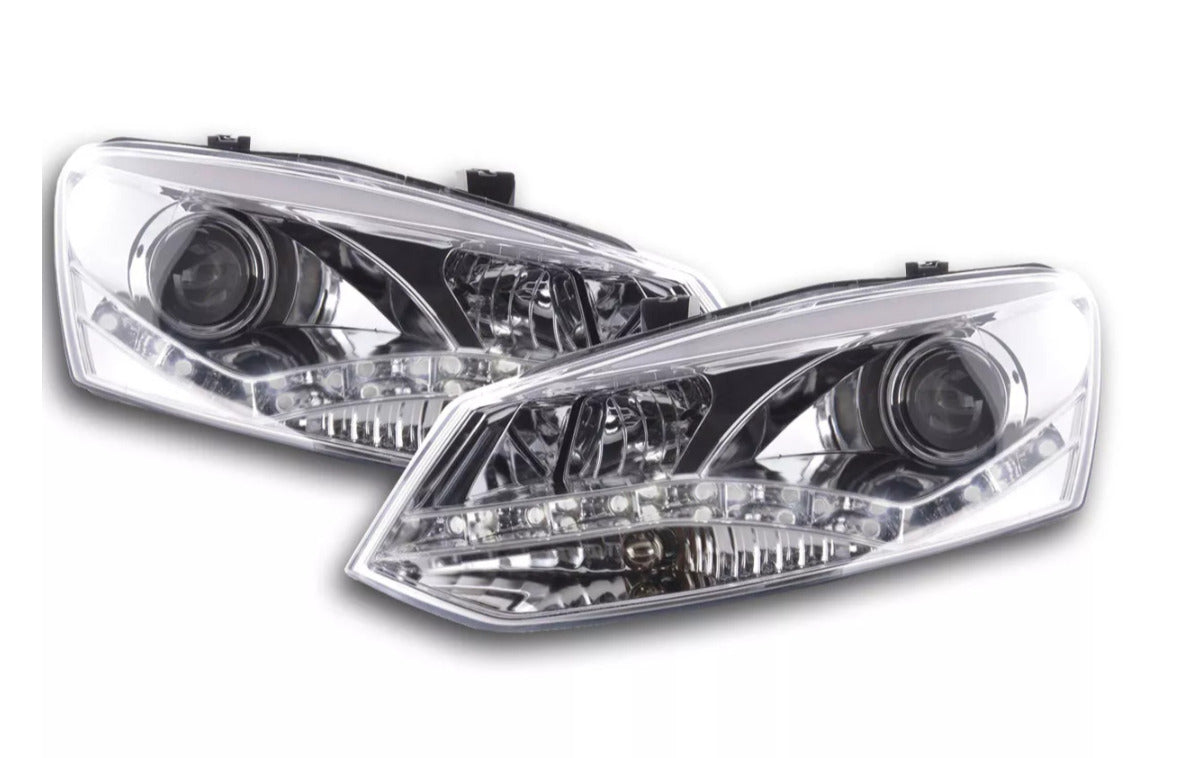 FK Pair LED DRL Halo Projector Lightbar Headlights VW Polo 6R 2010+ chrome LHD