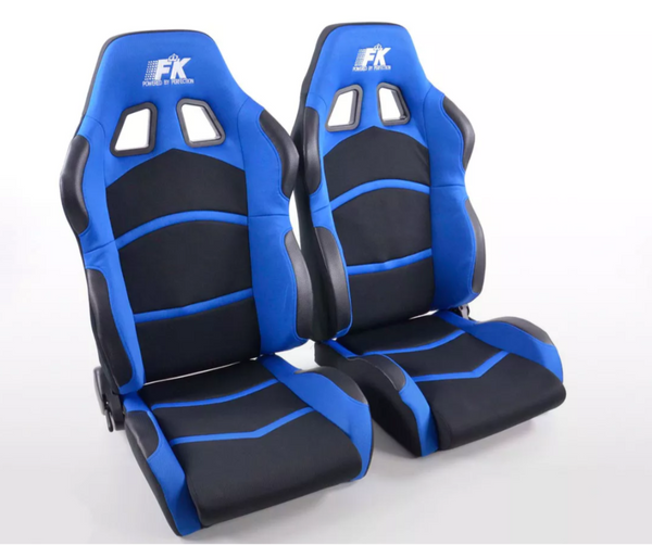 FK Pair Universal Recline & Fold Fwd Bucket Sports Seats Black & BLUE