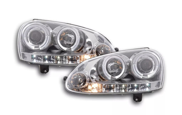 FK LED Halo Projector Eye DRL Headlights VW Golf 5 MK5 1K Chrome 03-08 GTi LHD