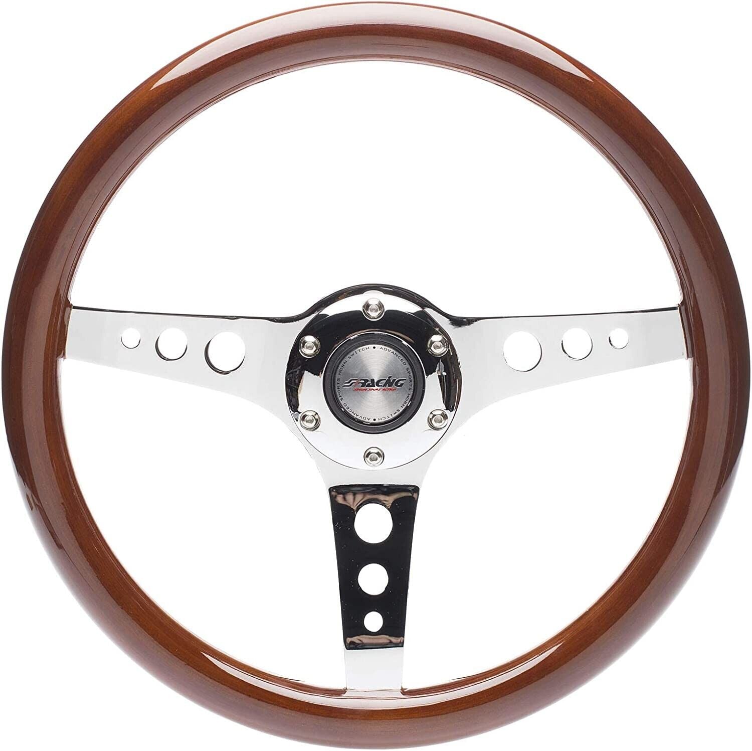Simoni Racing 350mm Wooden Real Wood Brown Steering WHEEL Chrome Classic Kit