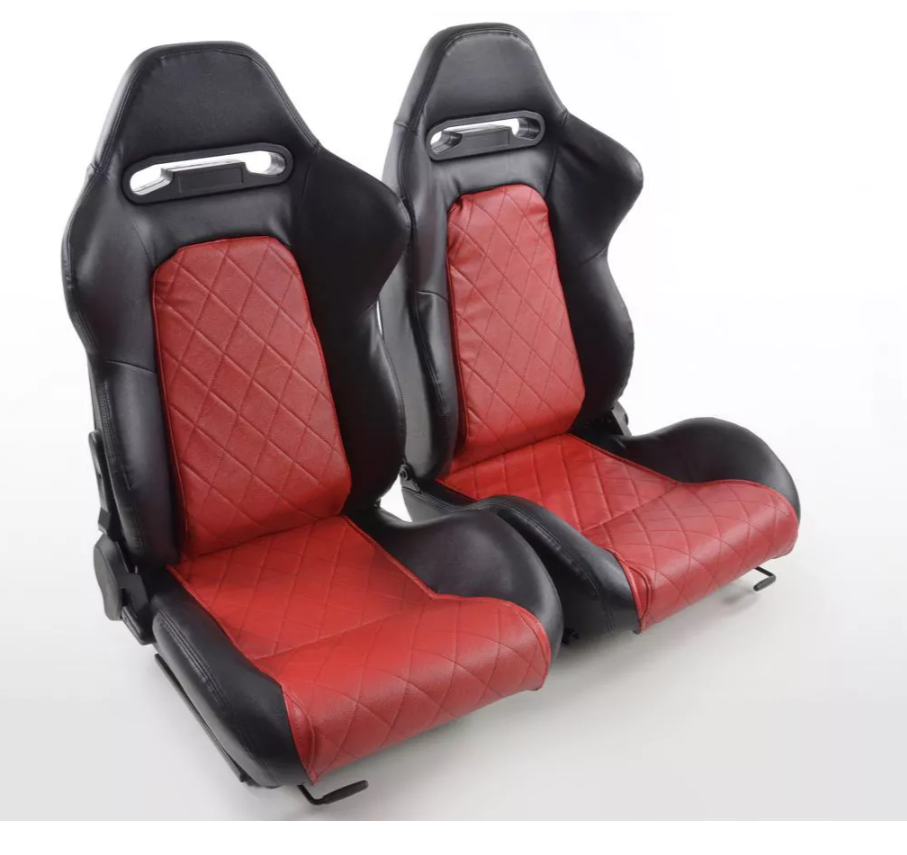 FK Pair Reclining Bucket Sports Seats Luxury Quilted Black & Red Diamond Stitch