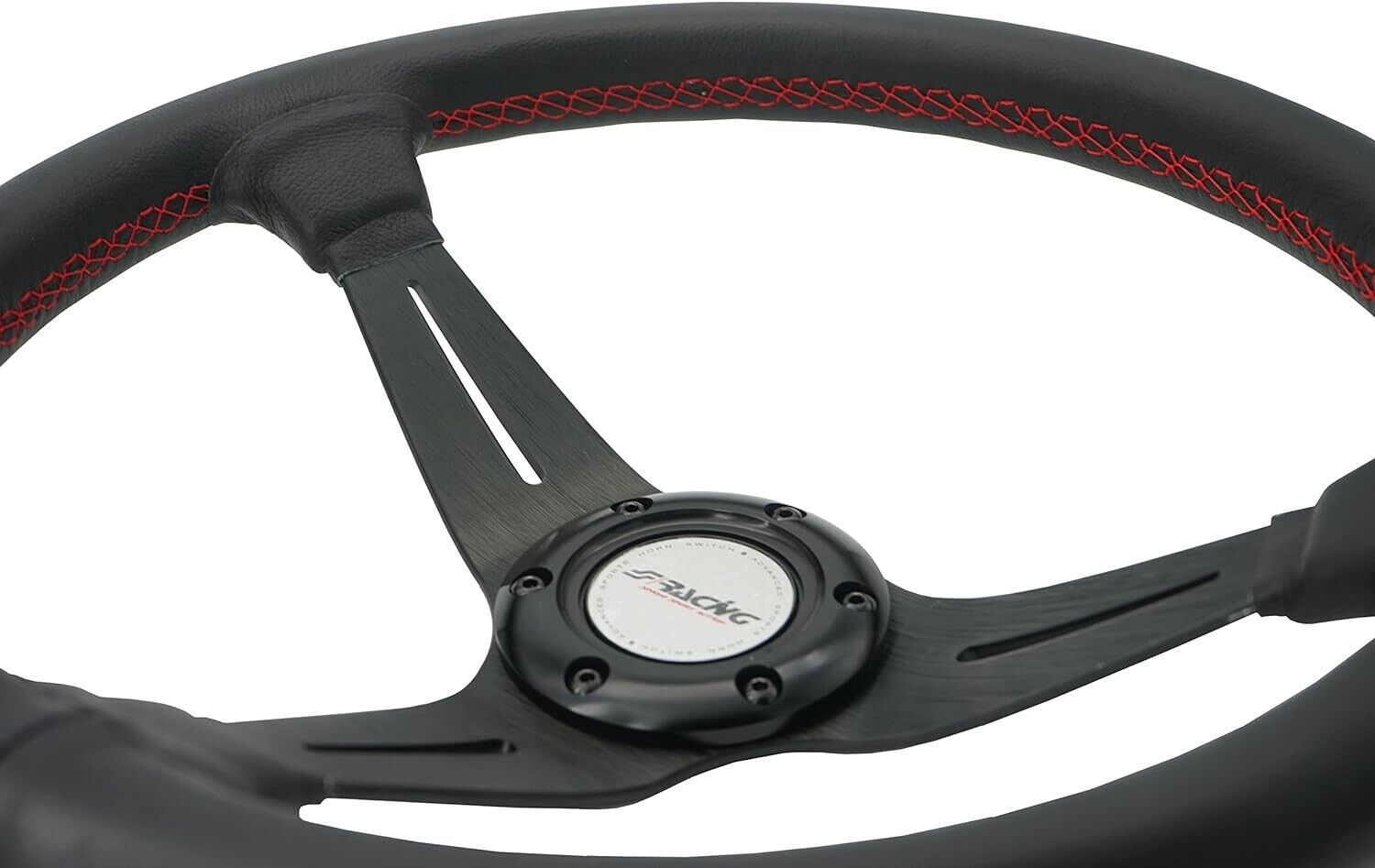 Simoni Racing Universal 350mm Leather Steering WHEEL 3 Spoke Black Red Car Sim