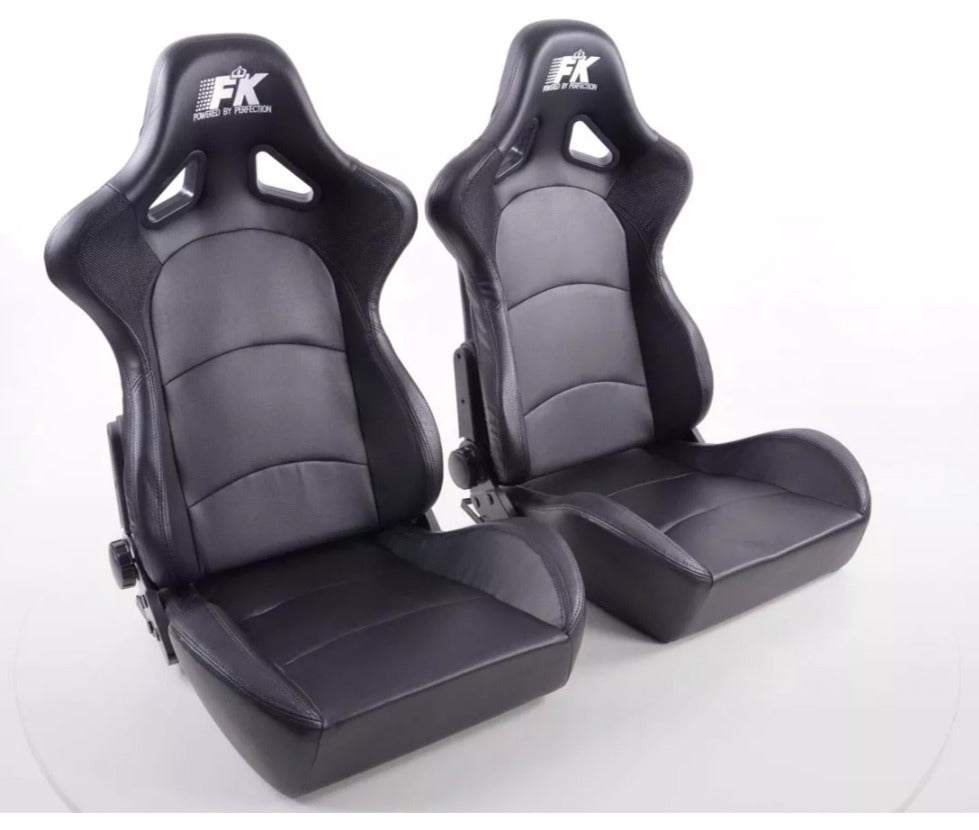 FK Pair Universal Fixed Back Bucket Sports Seats BLACK & BLUE on Black Edition